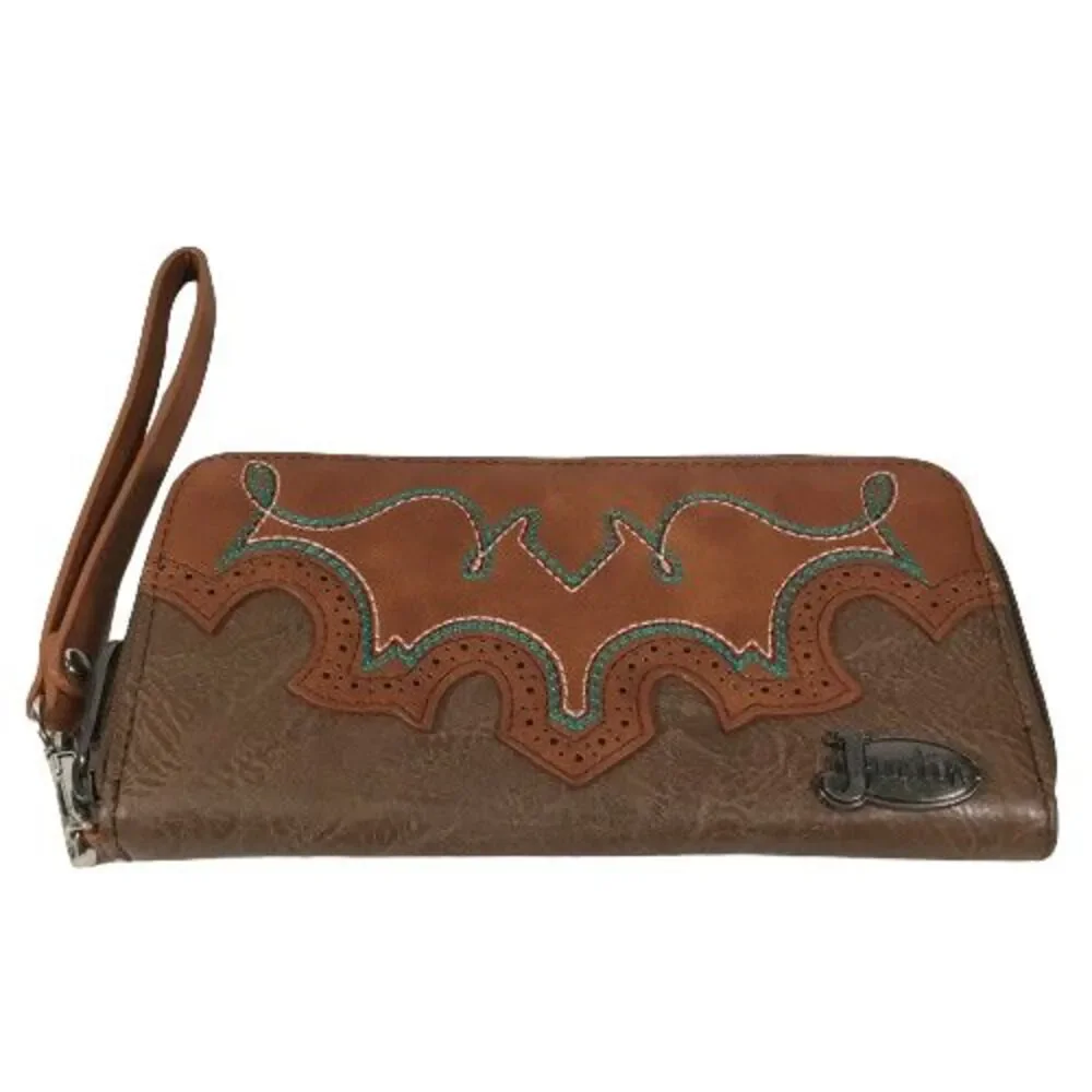 Justin Women Wallet Western Wristlet Clutch Brown Teal Embroidery Zip Around New